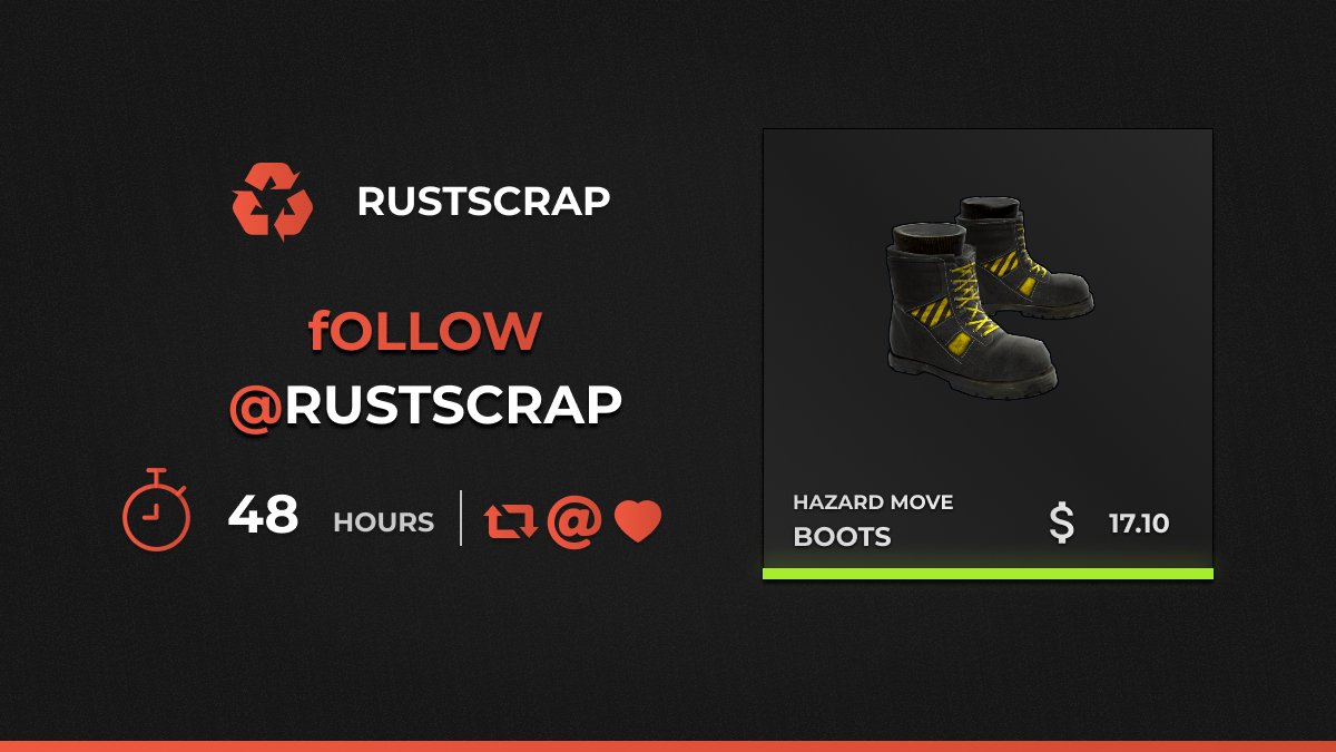 RustScrap's tweet photo. Warning sign Hazard Move Boots Giveaway ($17.10) Warning sign

To Enter:
  - Tag 3 Friends
  - RT &amp; Like 
  - Follow 
@RustScrap

Globe with meridians https://t.co/7yePjZBADI https://t.co/YOkUdFSbBj
