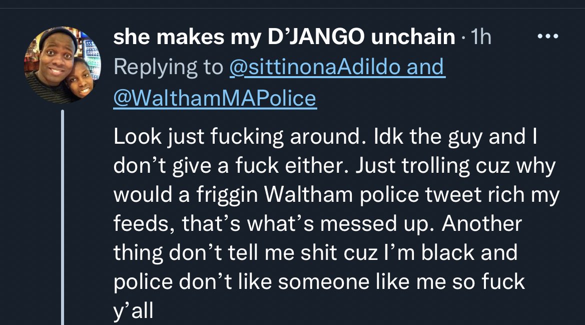 DylGuerriero's tweet photo. @SawedOffSG @sittinonaAdildo @WalthamMAPolice Bro be pulling the race card after commenting on a police feed joking about a crime. https://t.co/QL88LsMe2K