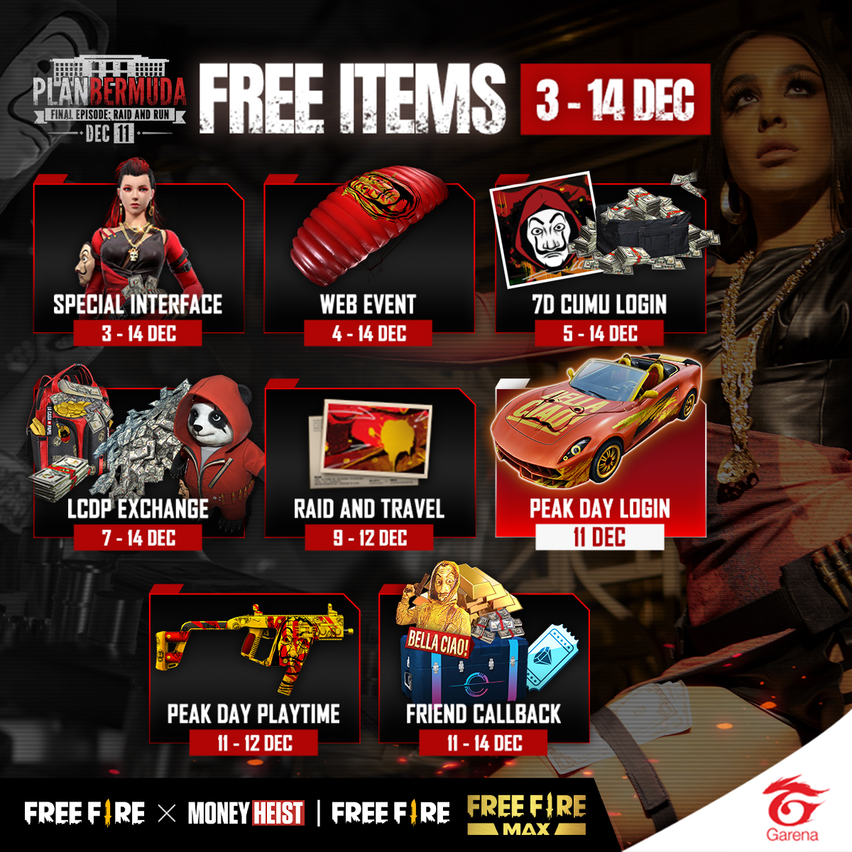 freefireeu's tweet photo. [Plan Bermuda] LCDP Calendar 📅
The final episode is here, Raid and Run
Exclusive items for robbing are ready!

Mark your date and don't miss out!
⏳ 3 - 14 Dec 2021

#FFxLCDP5 #PlanBermuda https://t.co/TKJqDURqXu