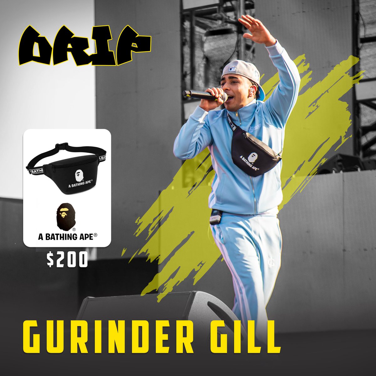 overthetop_live's tweet photo. DRIP 💀
@gurindergill96 donning  @BAPEOFFICIAL waist bag.

Which is your favourite fanny pack/ waist bag? 
Comment down below ⬇️

#overthetop #apdhillon #gurindergill #shindakahlon #gminxr #thetakeovertour #brownmunde #livethesound https://t.co/2rBkw47F6y