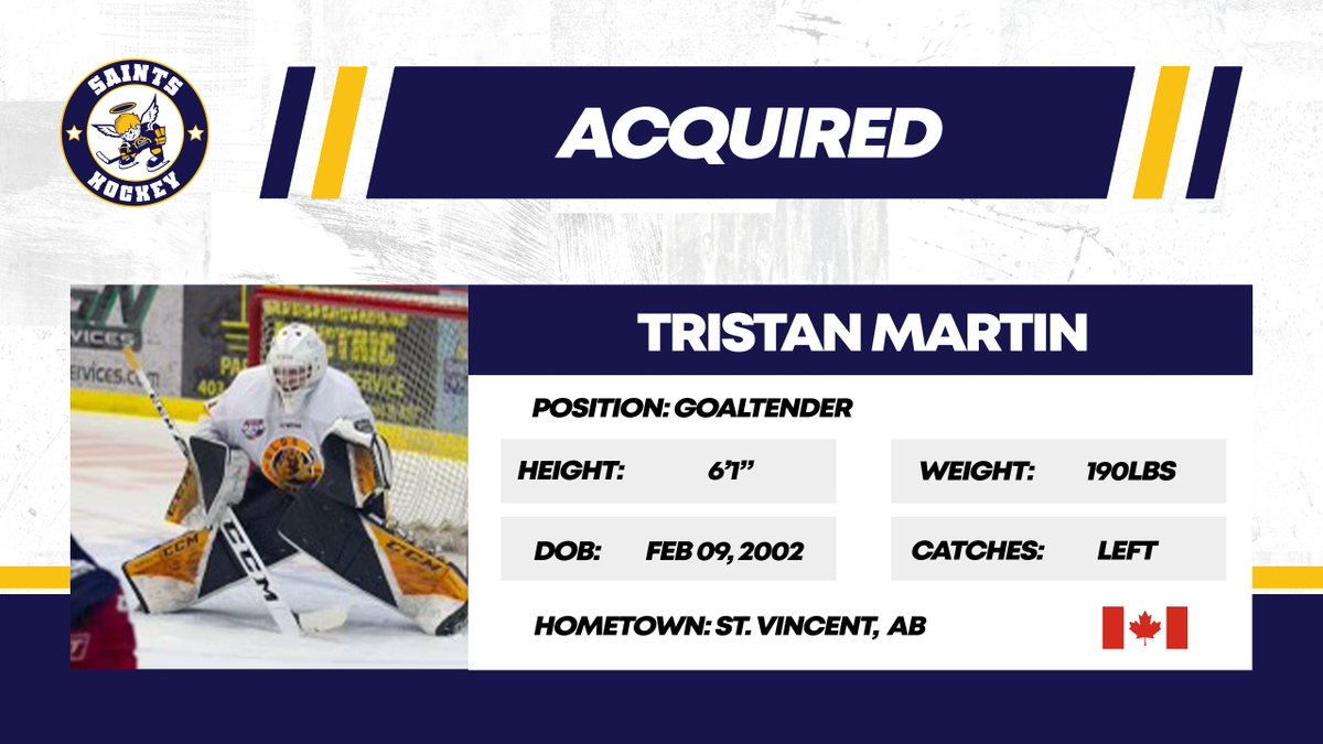 🚨 TRADE ALERT! 🚨

The Saints have acquired 2002 born goaltender Tristan Martin from the Olds Grizzlys in exchange for a Player Development Fee.

Read more here --> sprucegrovesaints.ca/media-centre/n…

#AJHL | #SaintsNation