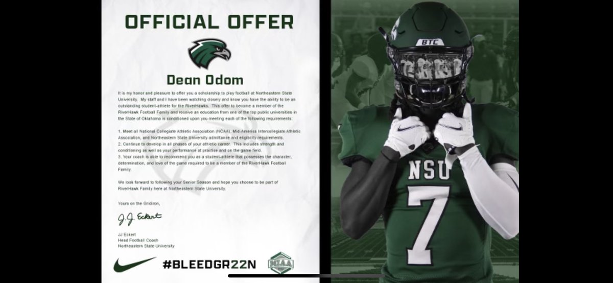 After a talk with <a href="/CoachJeffBowen/">Jeff Bowen</a> I am blessed to receive my 4th offer from Northeastern State University🟢🟢#Riverhawks
