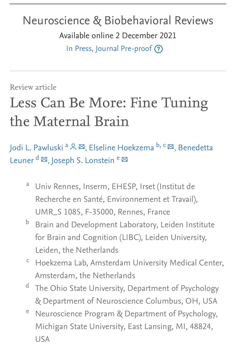 JodiPawluski's tweet photo. Review pre-proof out🥂! I team up with Elseline Hoekzema, @LeunerLab and @joe_lonstein for this one. We talk brain changes with motherhood and the fact that ‘less is often more’ . It’s in @IBNSconnect special issue of NBR. ❤️🤰🏻🧠 

https://t.co/St2vfhIk4s

#maternalbrain #Parents https://t.co/ab741yEx9m