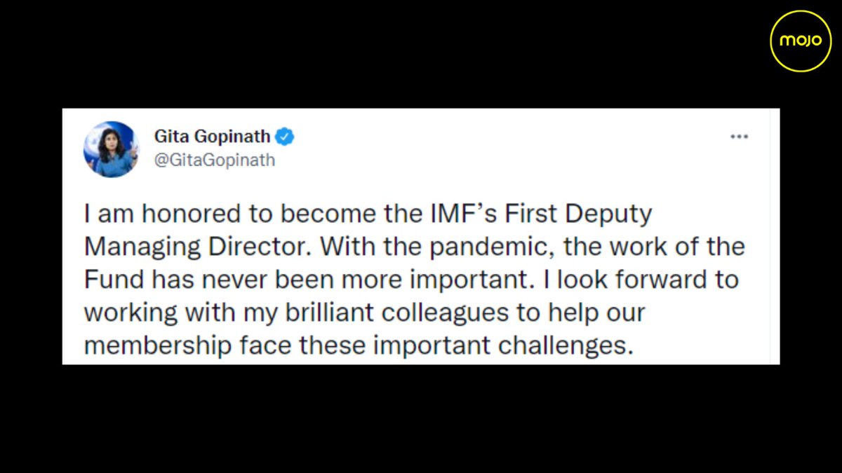 themojostory's tweet photo. #GitaGopinath will become the First Deputy Managing Director (#FDMD) at the International Monetary Fund (#IMF), replacing #GeoffreyOkamoto, who leaves next year. Managing Director #KristalinaGeorgieva said Gopinath, "has precisely the expertise that we need for the FDMD role." https://t.co/bmQsDMXR5B