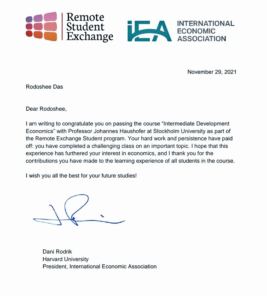 rodosheedas's tweet photo. Thank you so much for the enriching experience during the last fall semester, @jhaushofer . And thank you for the inspiring letter @rodrikdani ! Will look forward to more such initiatives by @IEA_economics and #remoteexchange. ❤️ https://t.co/hqXCO0YwL0