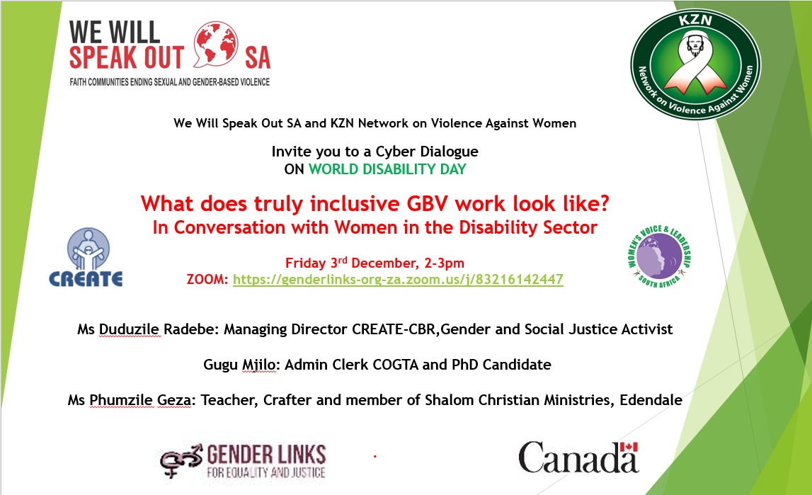 Create_CBR's tweet photo. What truly inclusive GBV work looks like, a conversation with women in the disability sector.

Today 2-3pm

🔗👇
https://t.co/SLryt5ojKA

#CREATECBR #WeWillSpeakOut #GenderLinks #KZNnetworkonviolenceagainstwomen #Canada #womensvoiceandleadershipSouthAfrica https://t.co/sA6KfmmNWc