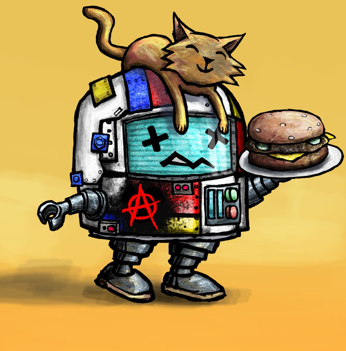 LopSidedTiger's tweet photo. @NFTLuffy How about a burger instead. Mmmm.... juicy greasy burger... @BrokenRobotNFT #NFTs #SolanaNFT https://t.co/8jZVwY64Ha
