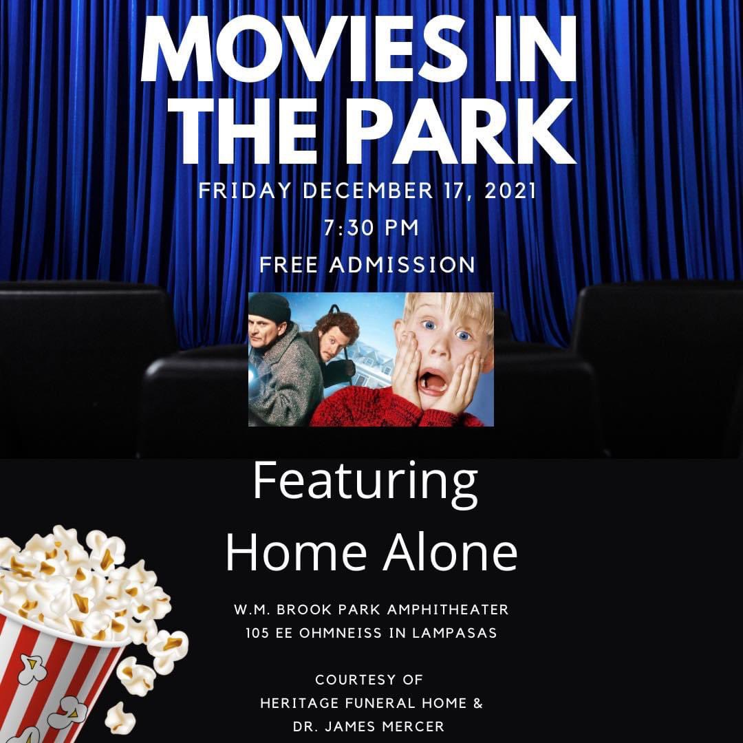 It’s the most wonderful time of the year and we invite you to join us at W. M. Brook Park for a screening of Home Alone. All members of the community are welcome to attend on 12/17/21 at 7:30 PM for a fun, FREE, and family friendly event. 
We look forward to seeing you there🎬🍿