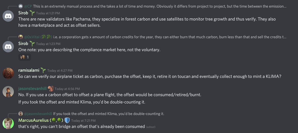 codysimms's tweet photo. Watching the crypto community lean in &amp; learn how carbon offsets work in real time in @KlimaDAO's carbon markets Discord channel is something I could do all day. This is pure 🍿 &amp; so wonderful to see these 2 worlds jammed together. This is what collaborative innovation looks like https://t.co/Aa9II2XOtz