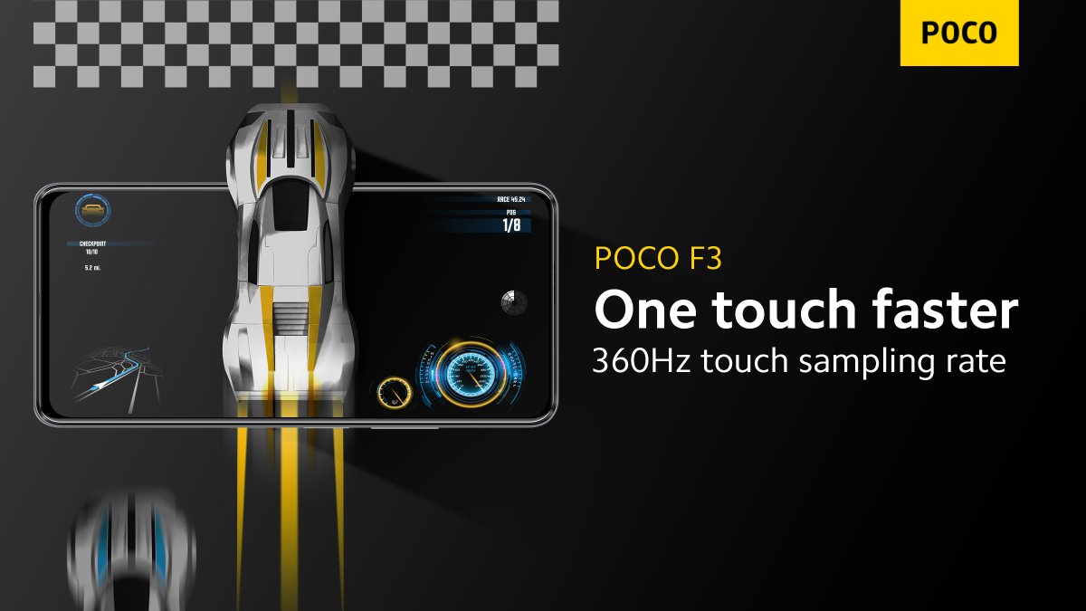 POCOGlobal's tweet photo. #POCOF3 leaves everyone else behind with its 360Hz touch sampling rate💨.

Ultra-responsive to every touch👆. https://t.co/HGdHRgtfGB