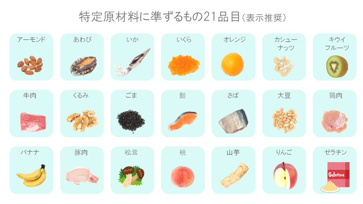 そざい屋さん 管理栄養学生 アレルギー表示に関する食品です 足りない画像はいらすとやさんから頂きましたが そざい屋さんの素材だけでも意外と表を埋めることが出来たので達成感を感じています そざい屋さんhp T Co Taimbpecch