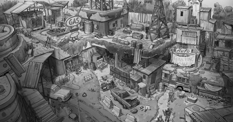 FZDSchool's tweet photo. This is the fallout shelter assignment. Students are all given the same rough 3d underlay and theme. They have to retain the original layout but add in their own design style and details. Great exercise for learning how to draw on top of 3d and following spec.