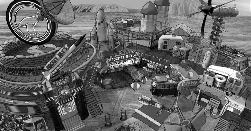 FZDSchool's tweet photo. This is the fallout shelter assignment. Students are all given the same rough 3d underlay and theme. They have to retain the original layout but add in their own design style and details. Great exercise for learning how to draw on top of 3d and following spec.