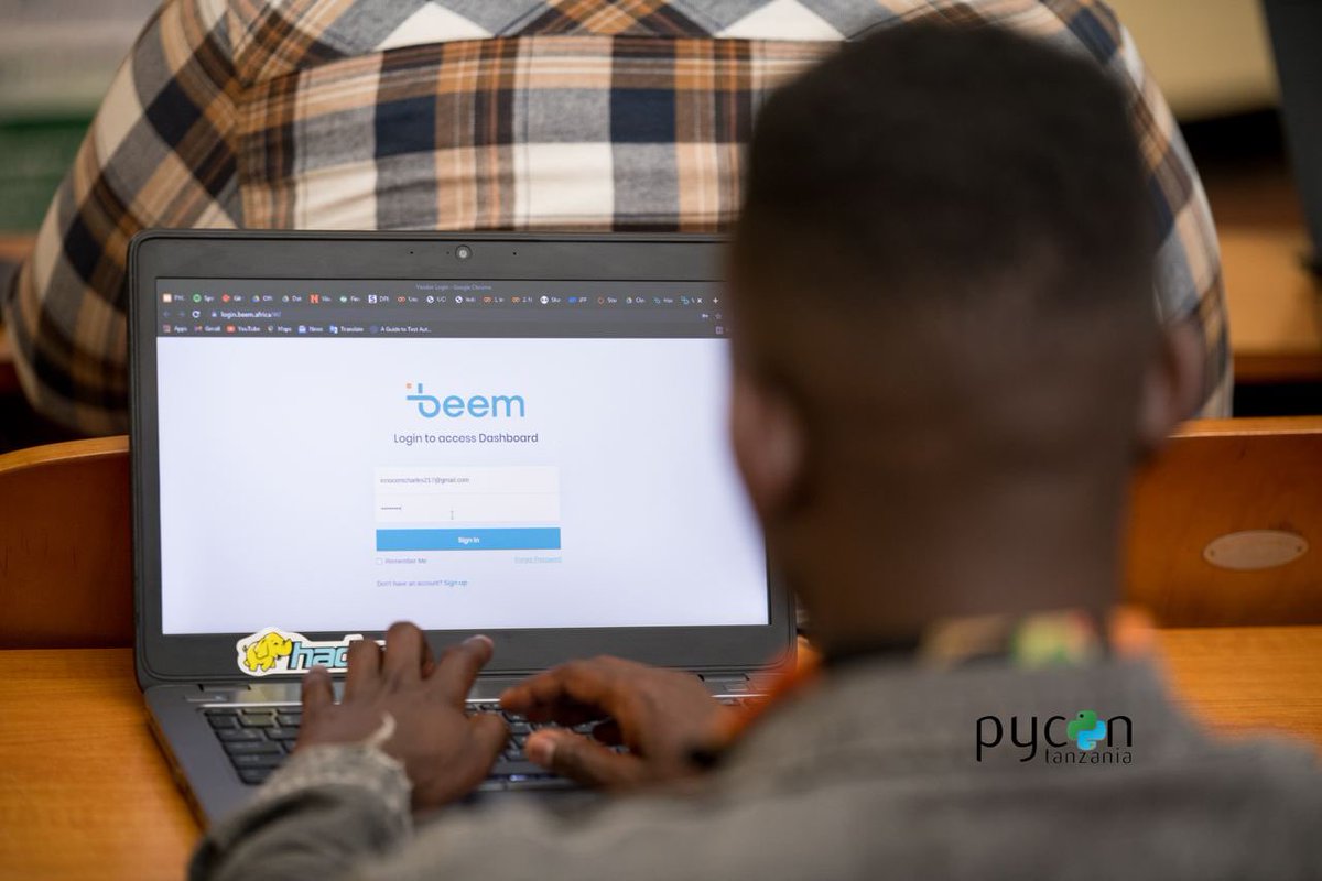 BeemAfrica's tweet photo. Our software developers Mustafa & Zephaniah taking the participants the Beem challenge i.e creating a python script for the BPAY checkout,As well as helping them sign up to the platform so that they can access the authentication key and secret. #pycon2021 #pycontz2021 https://t.co/hQyXYFb6sC