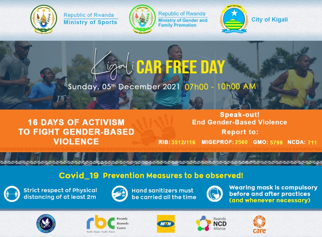 RwandaGender's tweet photo. As part of the ongoing #16Days to end Gender-Based Violence, on Sunday, 05th December 2021, we will join the Car-Free Day sports organized in different parts of @CityofKigali.

Come in orange sportswear to amplify our voices to end all forms of GBV. 

#Wiceceka, #OrangeTheWorld https://t.co/g01Sl5xFkS