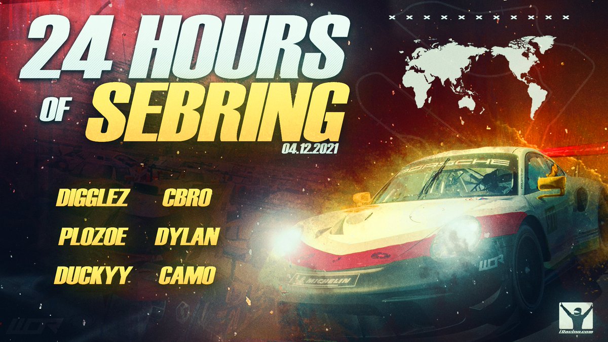 #WORiR | RACEDAY 🏎

Good luck to our iRacing team as they take on the 24 Hours of Sebring! 

Lineup:

👊 @WOR_Digglez 
👊 @WOR_CBro 
👊 @WOR_Ploezoe 
👊 <a href="/mightydylan3224/">Dylan Platt</a> 
👊 <a href="/AlexMitc_Duckyy/">Duckyy</a> 
👊 @camo432432 

A long and challenging event, let's keep pushing all the way! 🚀