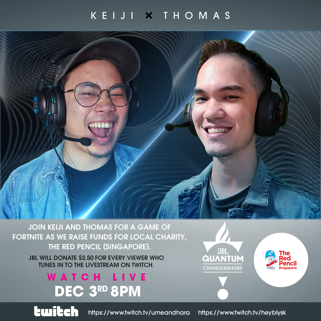 Join <a href="/UMeAndHara/">umehara keiji</a> and <a href="/itsBlysK/">Thomas 'Blysk' Kopankiewicz</a> for a game of Fortnite Today from 8-9 PM Singapore Time (starts from 5.30 PM IST)! 🧑‍💻

JBL will donate $2.50 to <a href="/redpencilorg/">The Red Pencil (Singapore)</a> for every viewer who tunes in to the livestream on Twitch!

twitch.tv/umeandhara

#DareToListen #JBLIndia #JBLQuantumCup