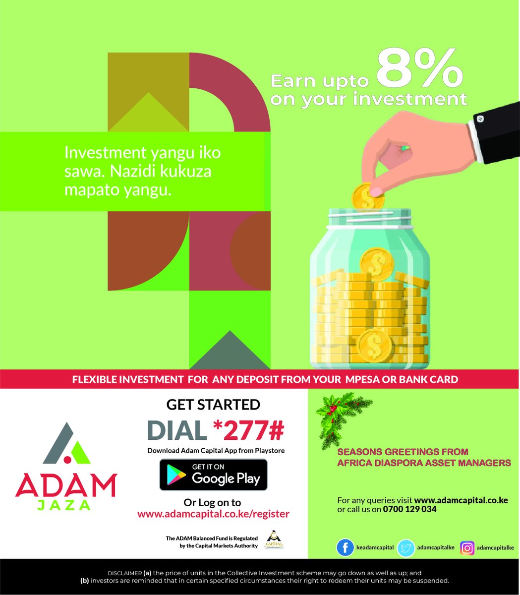adamcapitalke's tweet photo. Seasons greeting from ADAM Ltd.
Your trusted investment partner.
#jaza
#investkenya
#investing
#investment https://t.co/x2uSXaPAOM