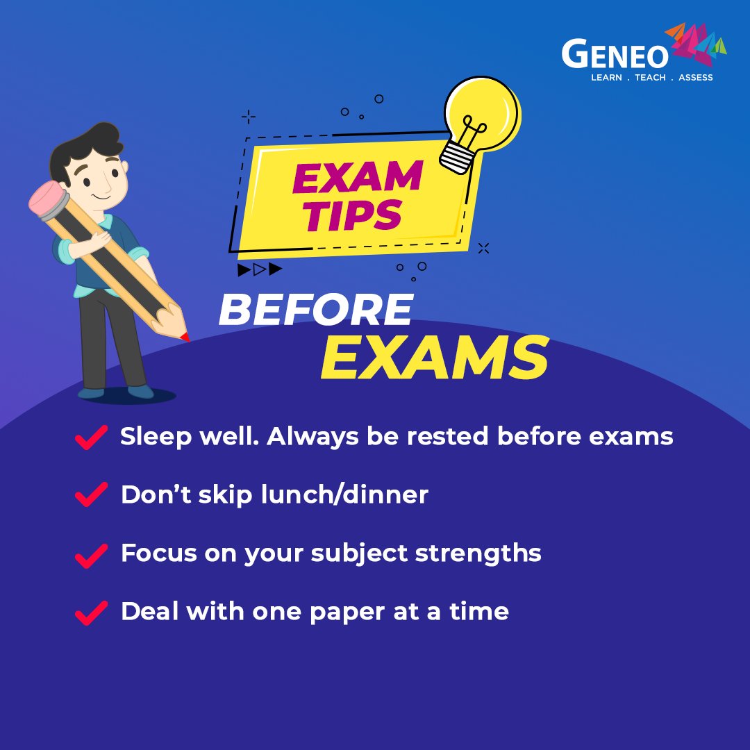 Geneo_in's tweet photo. Staying on top of your form during the exams is of utmost importance. Think of exams beyond the subjects, it also tests your time management and resilience.

Here are a few tips that will help you stay focused and calm during the exams.

#geneo #smartstudy #exams #tips #examtips https://t.co/keqJyM4yML