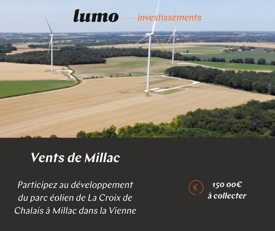 Découvrez la nouvelle collecte "Vents de Millac", un parc éolien développé par <a href="/JPee_energies/">JPee</a> 
⚡️ 30 000 MWh /an
🏠  12 000 foyers alimentés /an
🚫 2 250 tonnes de CO2 évitées /an

📍 Ouvert aux habitants de la Vienne 
Vous souhaitez investir ? 
👉 bit.ly/3o2JWA1