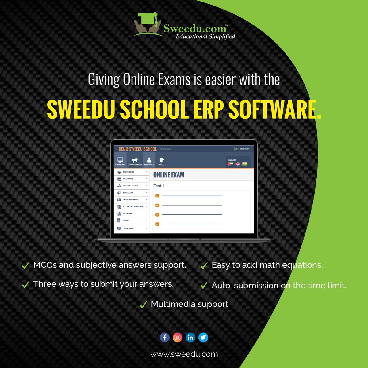 Conduct #onlineexams of students with the ease of SWEEDU School Management Software.
Automate exam assessment and give out reports faster.
Connect with us to find out more.
.
.
#sweedu #schoolmanagementsoftware #onlinelearning #schoolexamination