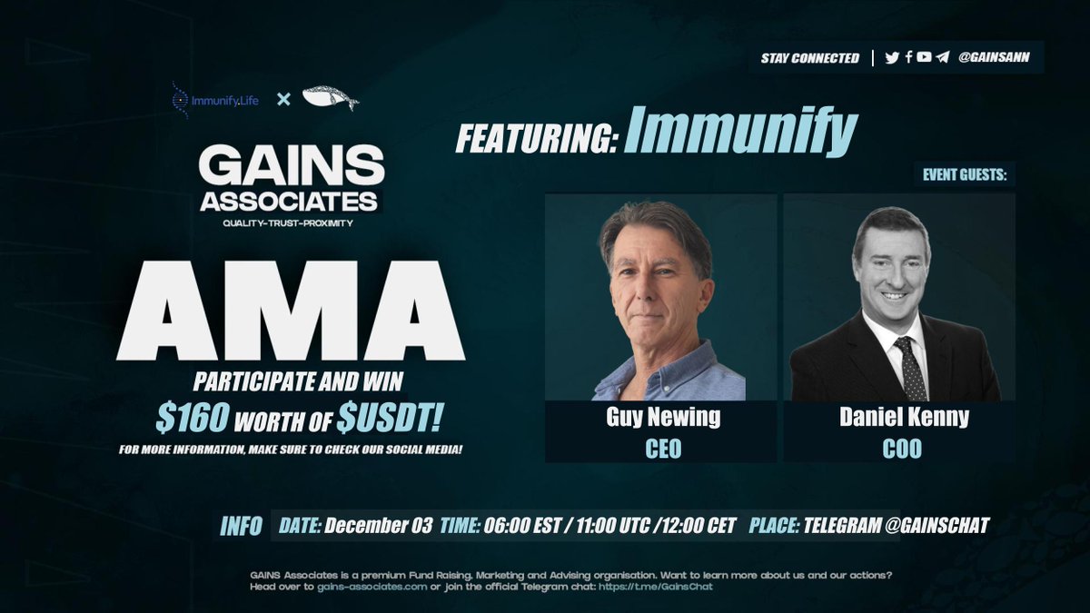 GainsAssociates's tweet photo. Welcoming Guy and Daniel from @ImmunifyLife —QUIZ &amp; AMA

Ask questions below and on Telegram (https://t.co/0YDzSg84Y8) on 03-12-2021 at 11:00 UTC for a chance to win $160 worth of $USDT

In order to win, RT this message, tag 2 friends &amp; follow 
@ImmunifyLife 

#GainsAMA https://t.co/KtfDATsMqu