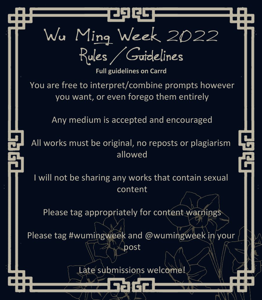 wumingweek's tweet photo. 🌼Here are the prompts for #wumingweek ~

🌼January 10th - 16th, 2022

🌼honorable mentions: outsider pov, crossovers, magical realism, grief, echoes, and of course, serving c*nt <3

#wuming #huacheng #tgcf #tianguancifu #heavenofficialsblessing #hob #花城 #无名 #天官赐福 https://t.co/aKspQj1pcN