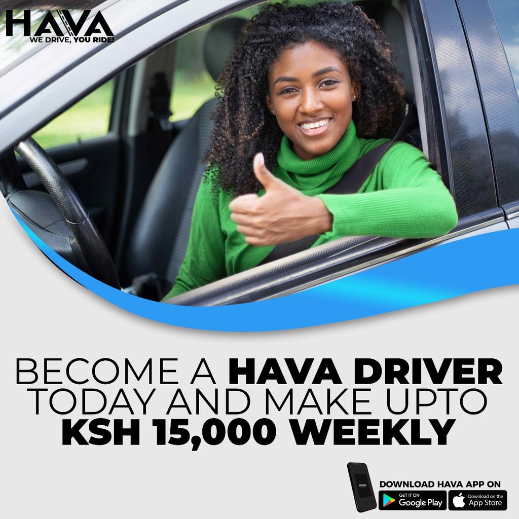 Hava_Cabs's tweet photo. Jenga hustle yako leo by Driving with Hava and make upto Ksh.15,000 every week.
DOWNLOAD the Hava Driver App today and sign up.
#DriveNaHava #HavaDrivers #WeDriveYouRide #RideWithHava https://t.co/sc5Dw7hpkb