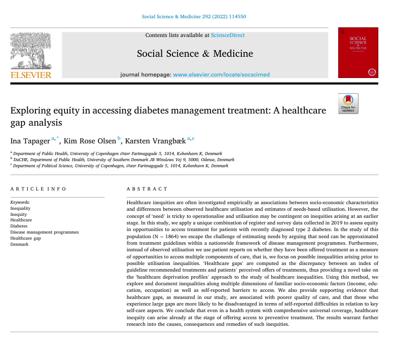 DaCHE_SDU's tweet photo. New pub by Ina Tapager, @Kimroseolsen (@DaCHE_SDU), Karsten Vrangbæk in @socscimed: Exploring equity in accessing diabetes management treatment: A healthcare gap analysis https://t.co/Z3MgibqH5N https://t.co/uCmLbyFc9B