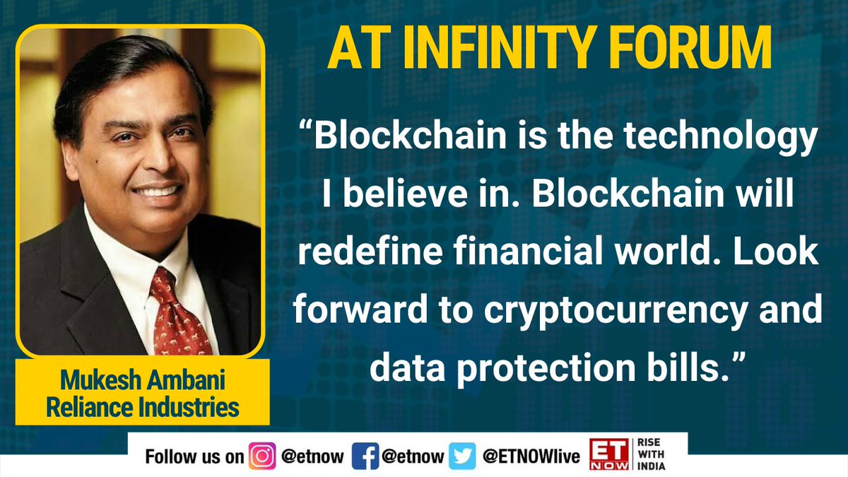ETNOWlive's tweet image. #Blockchain is the technology I believe in, says #RelianceIndustries Chairman Mukesh Ambani.

Here’s what he said on #cryptocurrencies &amp;amp; the transition towards #digital world

#MukeshAmbani #RIL #Reliance #Crypto