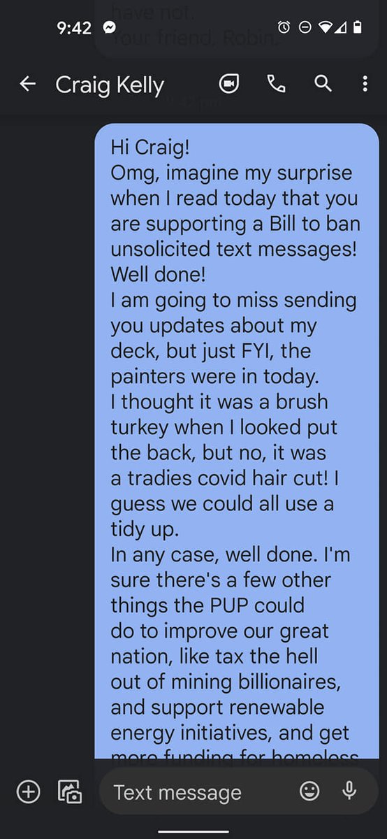 RobinYourfriend's tweet photo. Craig was supposed to be supporting a ban on unsolicited texts! Haha! yeah nah. https://t.co/8IT3jwyKmC