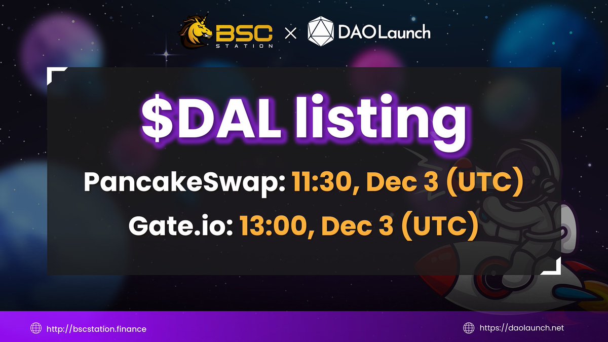 BSCS_Global's tweet photo. 🔥 $DAL by @DAOLaunch will be officially listed today! 

⏰Listing
 @PancakeSwap: 11:30, Dec 3 (UTC)
 https://t.co/Tp3If9v9BT: 13:00, Dec 3 (UTC)
💰Claiming: 12:00, Dec 3 (UTC)
⌚️Distribution: 25% at TGE, then vesting 25% monthly

🔗$DAL smart contract:
https://t.co/TgO9XoHQPu https://t.co/JELirTS0hg