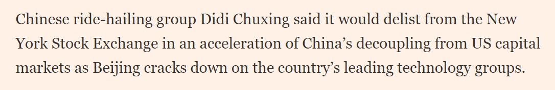 elerianm's tweet photo. News that #Didi, the well-known ride-hailing group from #China, will delist from the @NYSE is likely to be seen as another example of political intervention.
It is also likely to add fuel to the debate on "how investible is #China for foreign #investors."

https://t.co/VrxM9cQrOD https://t.co/gU6rmj40pp