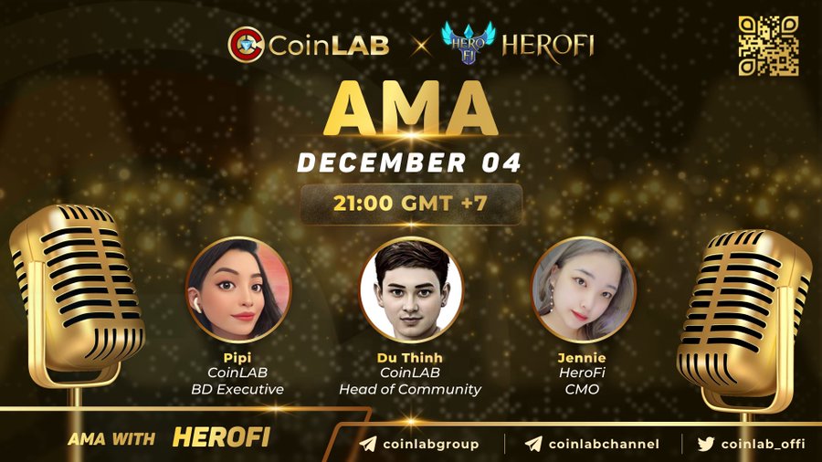 @HeroFiio is doing #AMA with @CoinLAB_Offi tomorrow at 21:00 UTC+7, December 04 guys!
📍Venue: #CoinLAB Fanpage
🎁Rewards: $100 for 5 best questions picked in the AMA.
⏰Prepare your questions & set your clock now guys!!!!!
#CoinLAB #HeroFi #AMAs