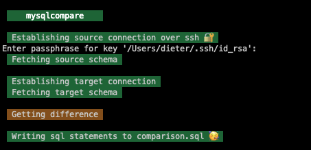 dietsedev's tweet photo. 👀 mysqlcompare in action , figured out how to established mysql connections over an 🔐 ssh connection 🥳 Termwind takes care of some gui salt and pepper 🤝
#mysql #compare #sql #cli #mysqlcompare #termwind #symfonycli https://t.co/Ra2ZSW126C