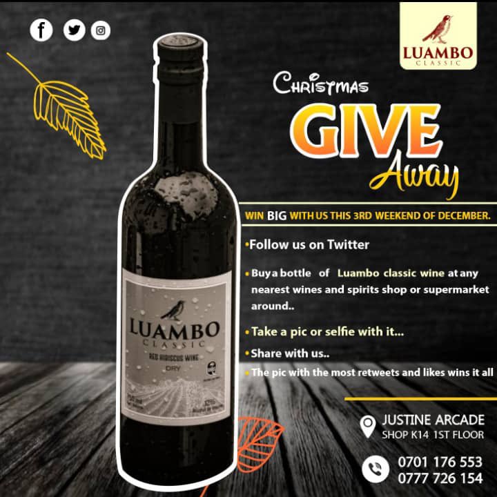 buy a bottle of LuamboClassic wine at any shop near you..
take a selfie with it or any pic of your choice ...
follow us @luamboclassic on Twitter...
post the pic and tag us..
the pic with the most likes and retweets wins it all at the 3rd weekend of *December 😊