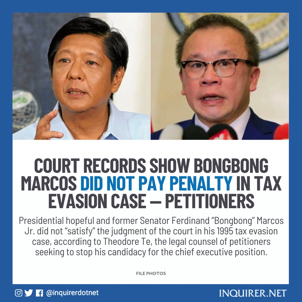inquirerdotnet's tweet photo. The QC RTC Branch 105 said there is no record on their file on Marcos Jr.’s “compliance of payment or satisfaction” on the decision of the said court in 1995, as well as the Court of Appeals verdict in 1997.

READ: https://t.co/lLAd0wUoTl https://t.co/zB0XHZxJ8k