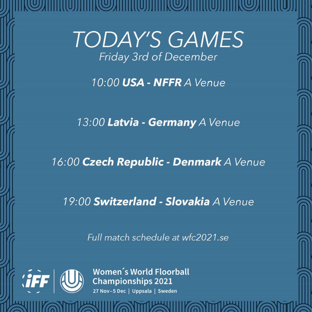 iffwfc's tweet image. Goodmorning 😄

This is the schedule for friday in Uppsala! More play off-games and quarterfinals 🤩👏

#floorball #Uppsala #wfc2021 #ItsAllAboutU