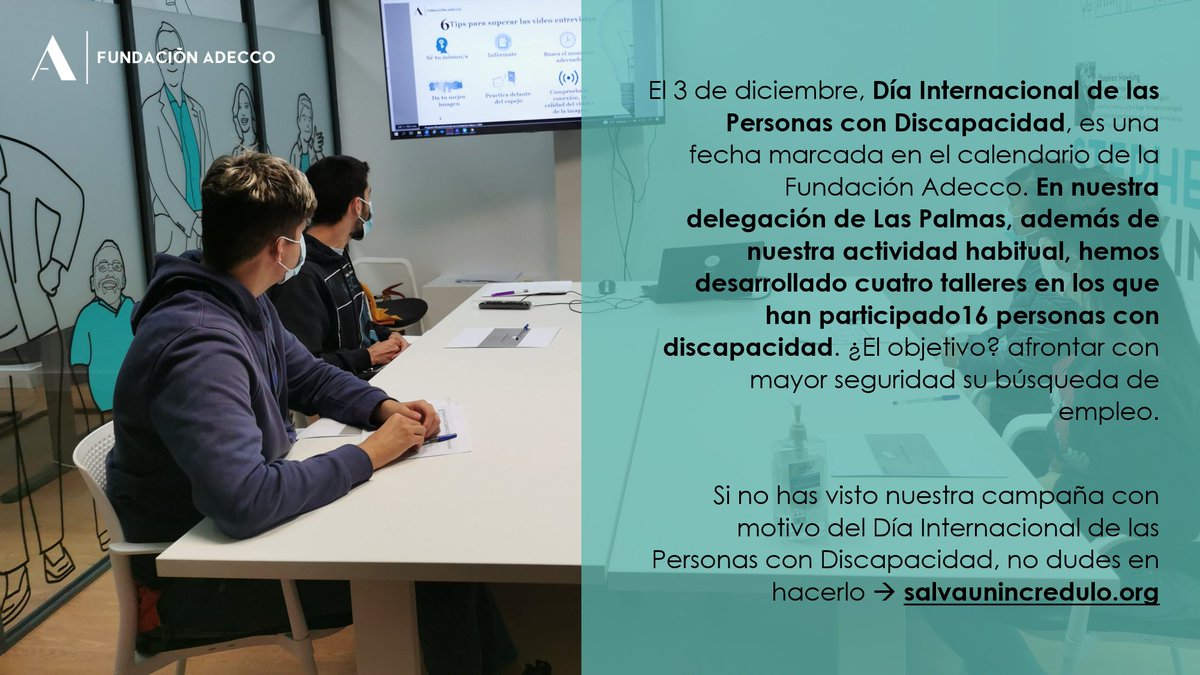 TeresaRguezFA's tweet photo. Con motivo del 3 de diciembre #DiaInternacionalDiscapacidad esta semana hemos potenciado la #empleabilidad de nuestros usuarios para seguir salvando incrédulos. https://t.co/94uSnk1QhB
@fund_adecco @IsabelGuiliz @Yanira_Dz @RocioLpezBez https://t.co/1tL8VXplKx