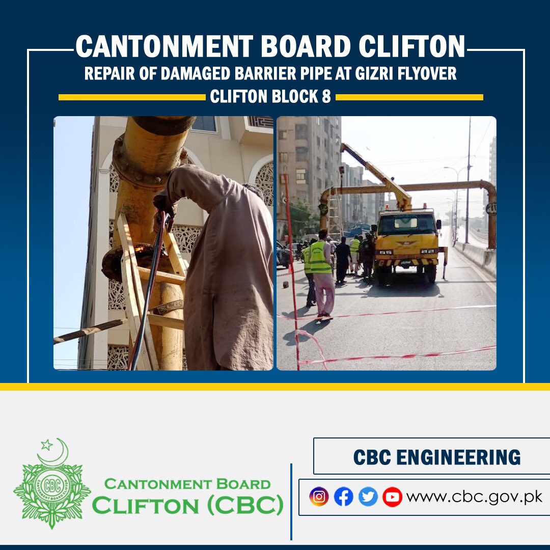 BoardClifton's tweet photo. REPAIR OF DAMAGED BARRIER PIPE AT GIZRI FLYOVER CLIFTON BLOCK-8
#CBC #CBCengineering
 #CBCareClifton #cbcClean #CBCcliftonandDHA #CBCwork #cbccanttclifton #cbcdevelopmentwork 
Facebook @cantonmentboardcliftoncbc
Instagram @cantonmentboardclifton
YouTube @https://buff.ly/3p4jLWI https://t.co/TOK5FU3mDJ