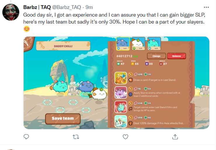 TQ_Games's tweet photo. How to get kicked out of a guild.

Managers, be careful of the lies out there. this slayer gets 60% and has the audacity to use my team to apply to another manager on OUR community and say he gets only 30%!? ..... i feel betrayed. 

one less liar to worry about now. augh. https://t.co/8yS8BUn2gD
