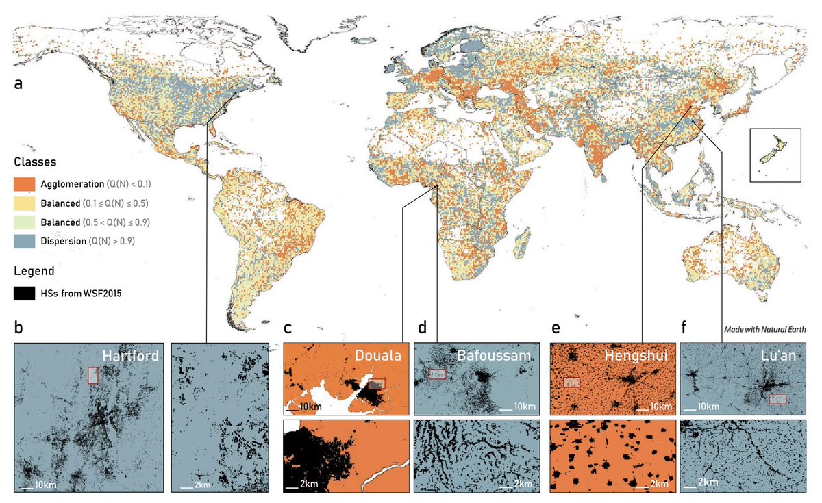 New paper out! We study the distribution and spatial arrangement of human settlements in the world. We study an (Open!) dataset of satellite imagery at high resolution (10m!) and find two emerging patterns, namely agglomeration and dispersion. nature.com/articles/s4159…