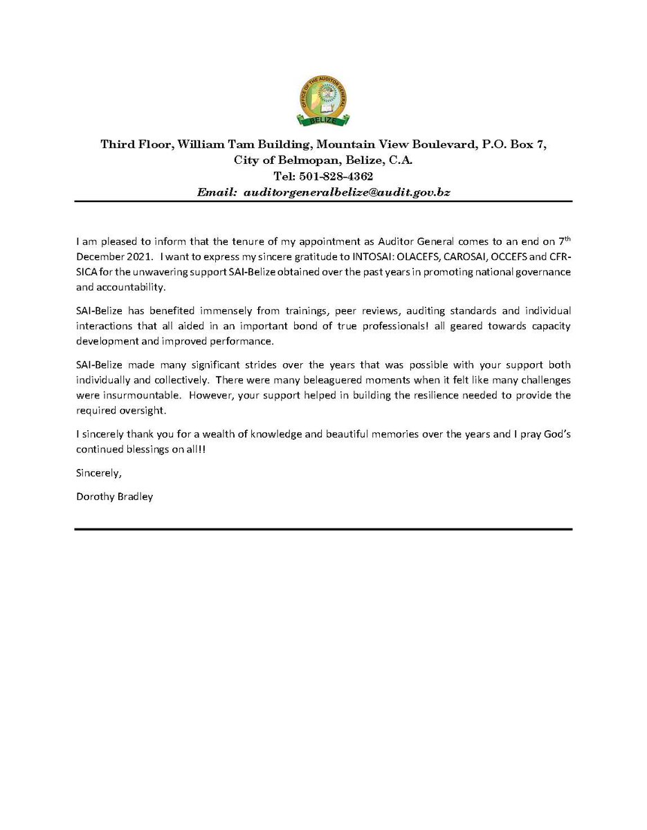 BelizeSai's tweet photo. Auditor General's Farewell Message to Regional Counterparts https://t.co/RkZAcxoYmN