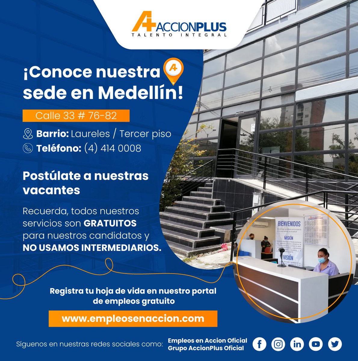 G_AccionPlus's tweet photo. #TrabajoSíHay #Medellín ¡Acércate a nuestra sede!🙂
Lleva tu CV actualizada y documento de identidad.
✋No olvides, asistir con todo los protocolos de bioseguridad (Uso del tapabocas, gel antibacterial y distancia mínima de 1 metro).
¡Es tu momento de aplicar! #felizviernes https://t.co/GsnVMZWp7d