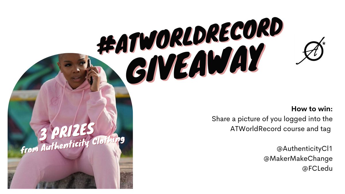 Fair Chance Learning (@fcledu) on Twitter photo For those taking the #ATWorldRecord challenge today...
Check out this giveaway from <a href="/AuthenticityCl1/">Authenticity Clothing</a>
You could win one of three prizes, including:
1 sweat suit / 1 t-shirt / 1 hat
<a href="/MakerMakeChange/">Makers Making Change</a> For those taking the #ATWorldRecord challenge today...
Check out this giveaway from <a href="/AuthenticityCl1/">Authenticity Clothing</a>
You could win one of three prizes, including:
1 sweat suit / 1 t-shirt / 1 hat
<a href="/MakerMakeChange/">Makers Making Change</a>