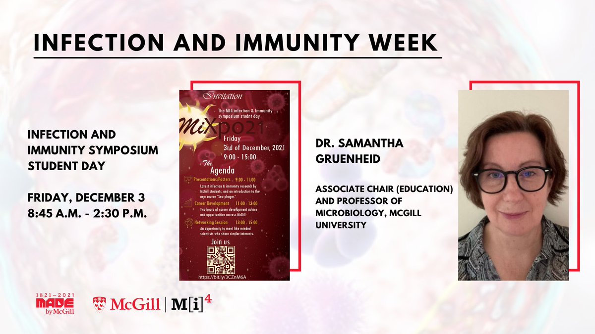 Starting at 8:45 this morning! The final event of Infection and Immunity Week, showcasing excellence in student research! Register here: forms.gle/6pbYgxhD3BYCrk…

#iiweek #mcgill200 #mi4