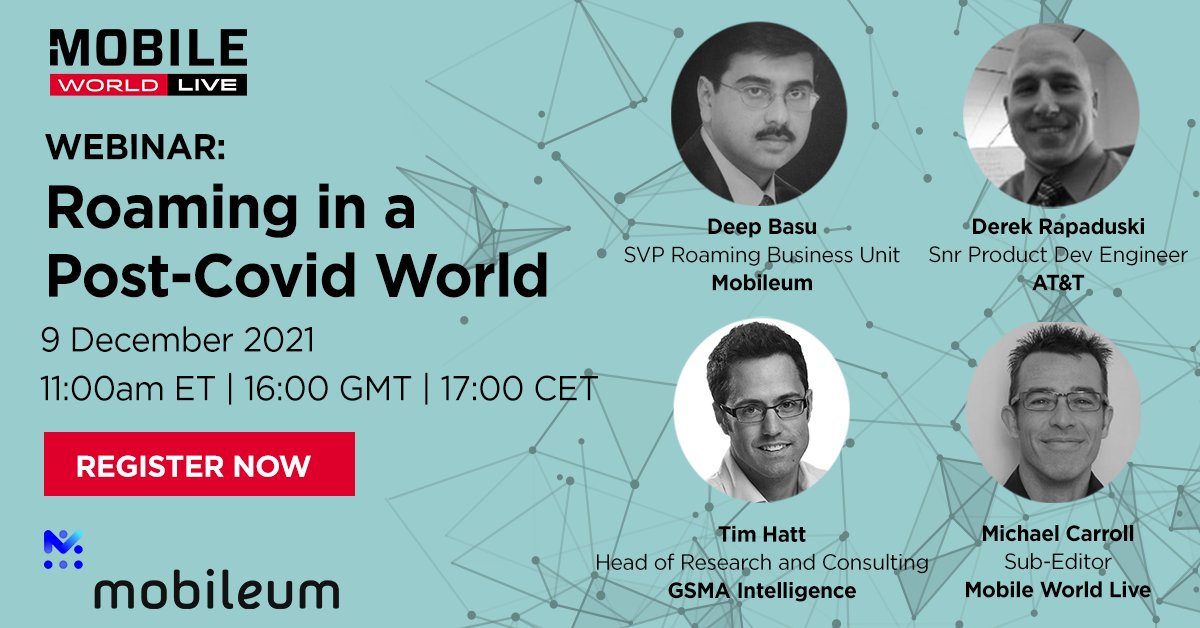 Join <a href="/mobileum_/">Mobileum</a>, <a href="/ATT/">AT&T</a>, <a href="/GSMAi/">GSMA Intelligence</a> and <a href="/mobileworldlive/">Mobile World Live</a> as they explore the factors that will contribute to roaming’s recovery, and the technology developments that will drive new roaming business models, starting with #5G. 

Register now 👉 view6.workcast.net/register?cpak=…