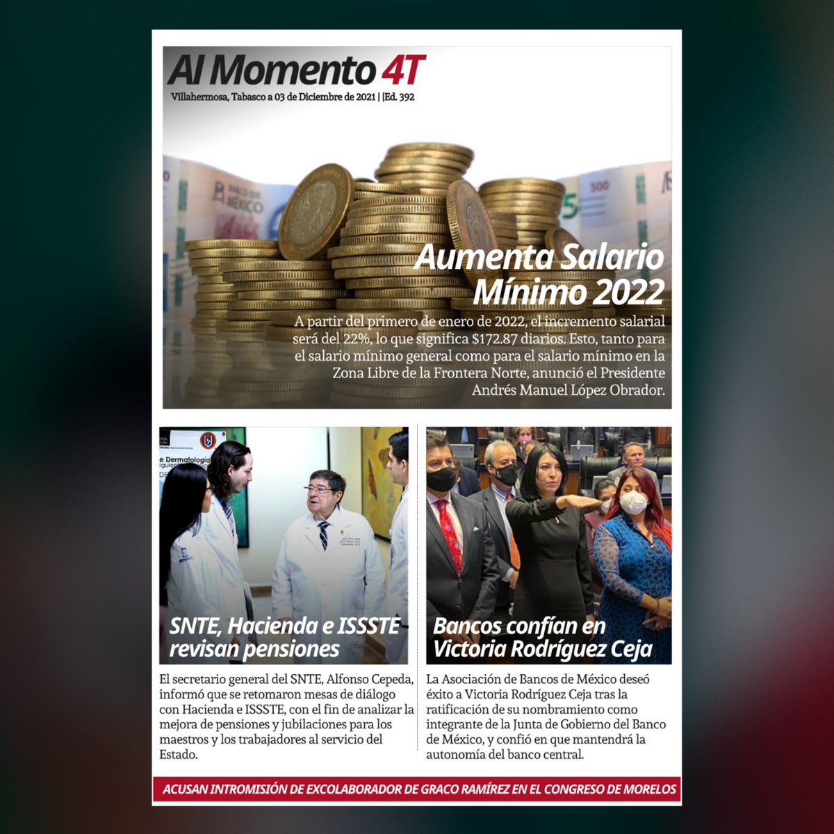 Punto4T's tweet image. 📰 En Portada

- Aumenta Salario Mínimo 2022
- Sin precedentes transparencia en PEMEX

Toda la información aquí👇🏼
almomento4t.com