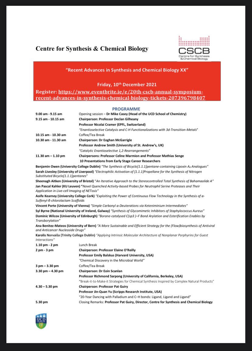 Here is the full programme for the CSCB Symposium next week, Fri 10th. Registration is still available at the link here: eventbrite.ie/e/20th-cscb-an… #RealTimeChem <a href="/ucdscience/">UCD Science</a> <a href="/ucdchemistry/">UCD Chemistry</a> <a href="/ucddublin/">University College Dublin</a>
